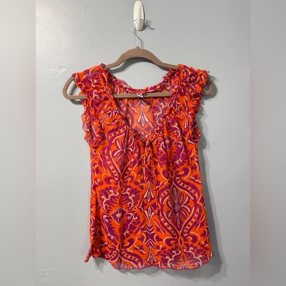 Diane Von Furstenberg‎ Orange & Pink Print Silk Blouse Size 2